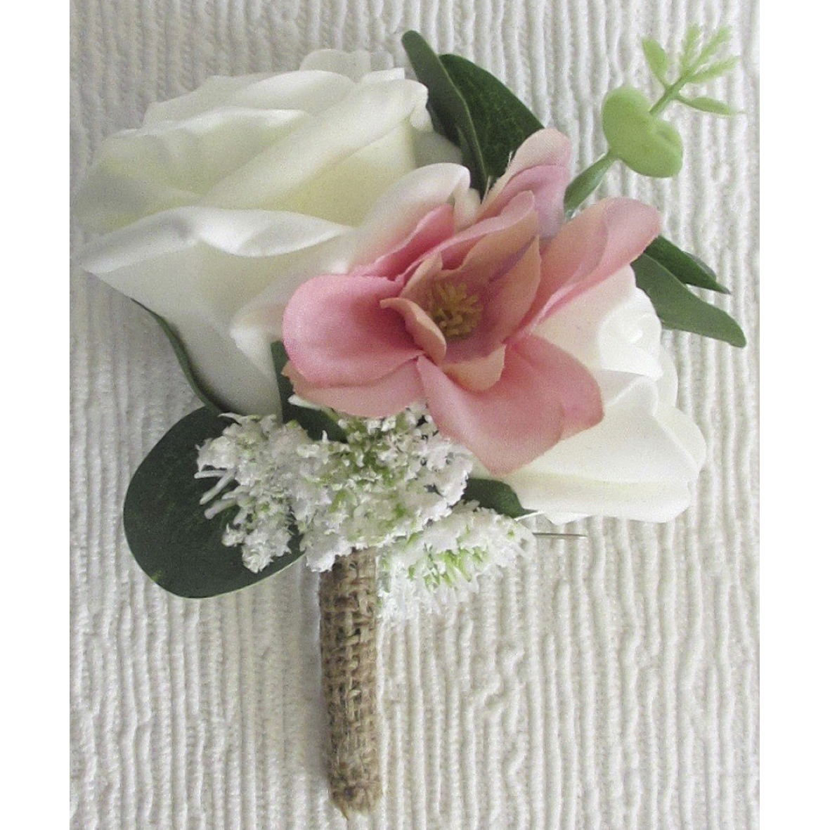 Ivory Rose & Bud with Pink Blossom Flower, Queen Anne Lace Flowers and eucalyptus foliage